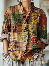 Women's Vintage Ethnic Plaid Painting Art Print Casual Cotton And Linen Ruffle Shirt